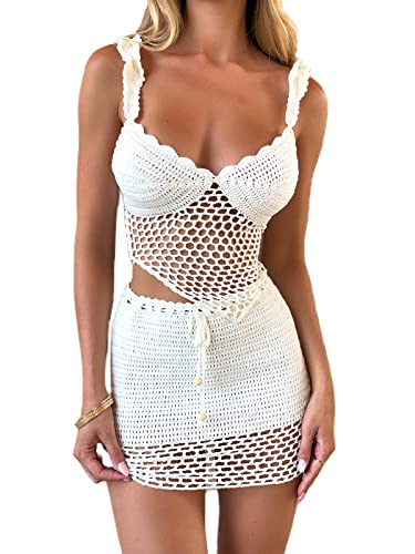 Erllegraly Frauen 2Pcs Crochet Knit Skirt Set Tube Crop Top + hohe Taille Bodycon Rock Cover Up Beachwear (Weiß b, M) von Erllegraly