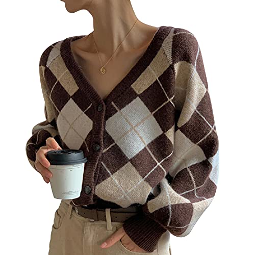 Erllegraly Frauen Argyle Plaid Sweater Strick Strickjacken Y2K Langarm Vintage Button Down Strickwaren (Kaffee, Einheitsgröße) von Erllegraly