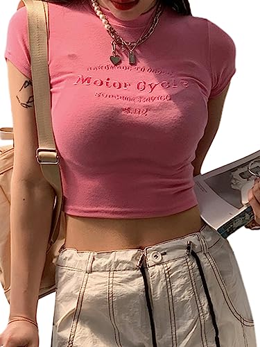 Erllegraly Frauen Brief Grafik Baby Tees Y2K Kurzarm Crewneck Crop Top Slim E Mädchen Ästhetisch Ausgehen Tshirt (Buchstaben-Rosa, M) von Erllegraly