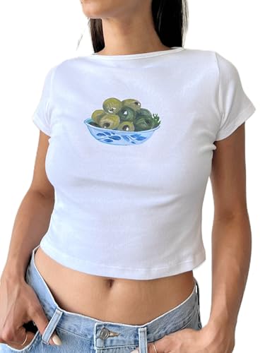 Erllegraly Frauen Brief Grafik Baby Tees Y2K Kurzarm Crewneck Crop Top Slim E Mädchen Ästhetisch Ausgehen Tshirt (Druck-Weiß, L) von Erllegraly