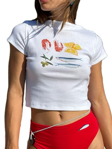 Erllegraly Frauen Brief Grafik Baby Tees Y2K Kurzarm Crewneck Crop Top Slim E Mädchen Ästhetisch Ausgehen Tshirt (Druck-Weiß C, L) von Erllegraly