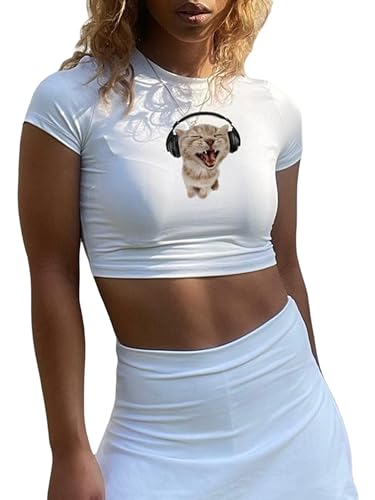 Erllegraly Frauen Brief Grafik Baby Tees Y2K Kurzarm Crewneck Crop Top Slim E Mädchen Ästhetisch Ausgehen Tshirt (Hunde-Weiß, L) von Erllegraly