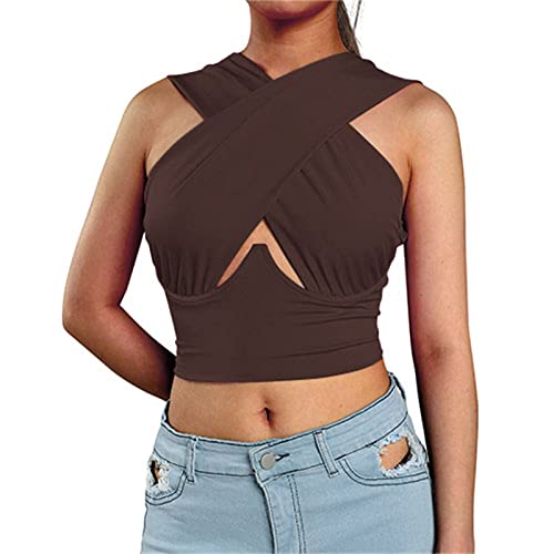 Erllegraly Frauen Criss Cross Neckholder Hals Crop Weste Tops Front Cutout Backless Wrap Tank Tops Ärmellose Summer Buckle Tops (Braun,XL) von Erllegraly