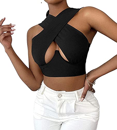 Erllegraly Frauen Criss Cross Neckholder Hals Crop Weste Tops Front Cutout Backless Wrap Tank Tops Ärmellose Summer Buckle Tops (Schwarz, Large) von Erllegraly