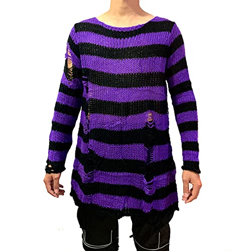 Erllegraly Frauen Hohl Strickpullover Übergroße Lose Colorblock Gestreiftes Y2k Strickhemd Punk Gothic Pullover Pullover (Schwarz Lila, Einheitsgröße) von Erllegraly