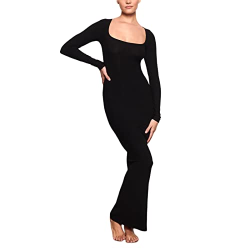 Erllegraly Frauen Sexy Square Neck Bodycon Maxikleider Langarm Einfarbig Stretch Slim Fit Langes Kleid Party Clubwear (Schwarz, M) von Erllegraly