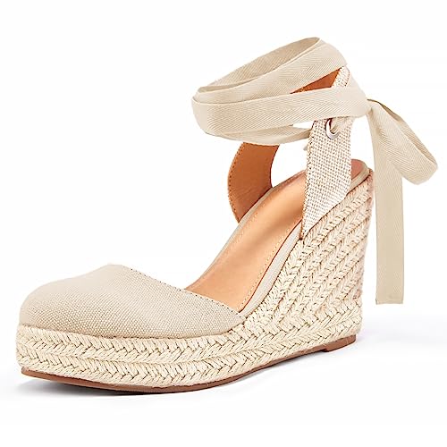 Ermonn Damen Espadrilles Keilsandalen Plateau Geschlossene Zehe Knöchelriemen Schnürschuhe Sommerschuhe, Hautfarben, 37.5 EU von Ermonn