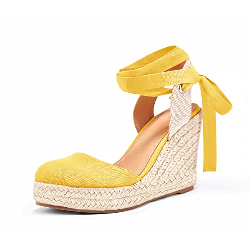 Ermonn Damen Espadrilles Keilsandalen Plateau Geschlossene Zehe Knöchelriemen Schnürschuhe Sommerschuhe, gelb, 40.5 EU von Ermonn