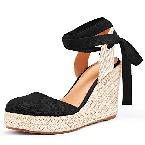 Ermonn Damen Espadrilles Keilsandalen Plateau Geschlossene Zehen Knöchelriemen Schnürschuhe Sommerschuhe, Schwarz (schwarz), 40.5 EU von Ermonn