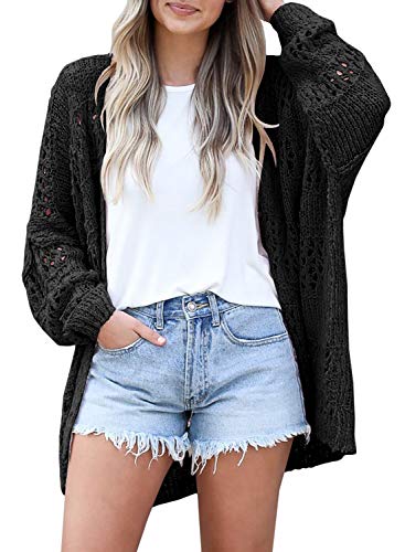 Ermonn Damen Häkel-Strickjacke, Kimonos, Boho, einfarbig, übergroß, Sommer, offene Vorderseite, Schwarz, 3X-Groß von Ermonn