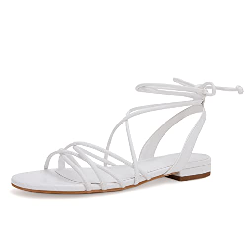 Ermonn Damen Schnürer Flache Sandalen Riemchen Open Toe Slingback CrissCross Casual Sommer Slides, Weiß, 40.5 EU von Ermonn