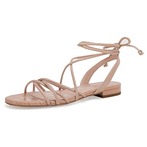Ermonn Damen Schnürer Flache Sandalen Riemchen Open Toe Slingback CrissCross Casual Sommer Slides, khaki, 37.5 EU von Ermonn