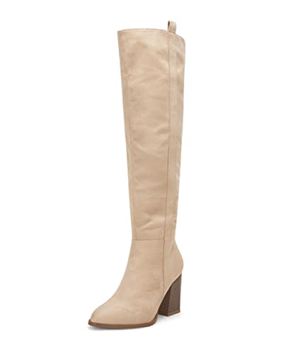 Ermonn Damen Winterstiefel aus Velourslederimitat, breite Wade, über dem Knie, seitlicher Reißverschluss, klobiger Absatz, Stretch, Oberschenkelhoch, beige, 37.5 EU von Ermonn