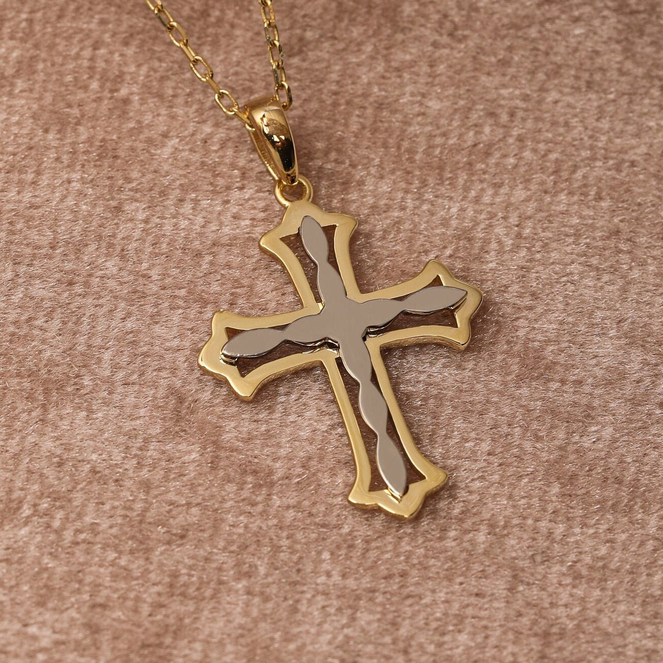 14K Gold 2 Ton Kreuz Halskette, 925 Sterling Silber Zierliche Taufgeschenk, Religiöse Halskette von ErsJewelryDesign