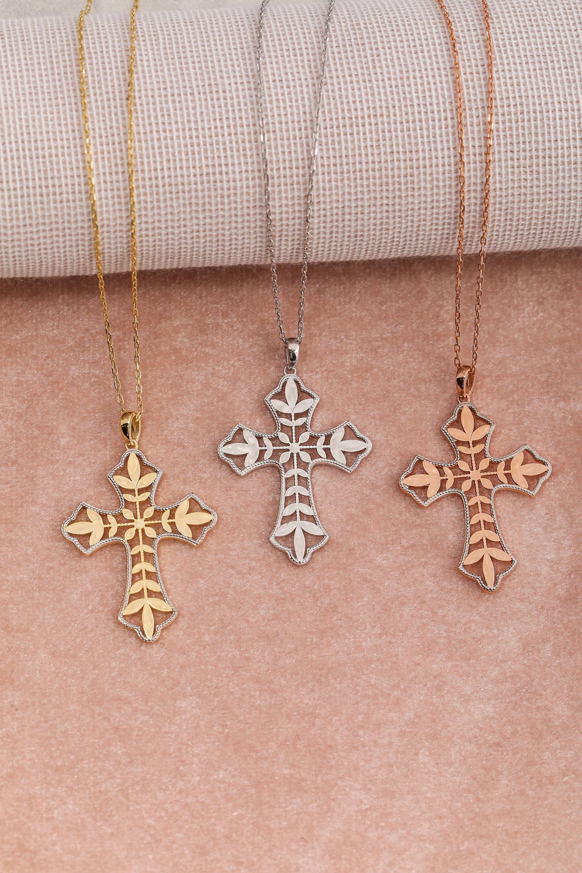 14K Gold Blatt Figur Kreuz Halskette, Sterling Silber Zierliches Kreuz, Weihnachtsgeschenk von ErsJewelryDesign