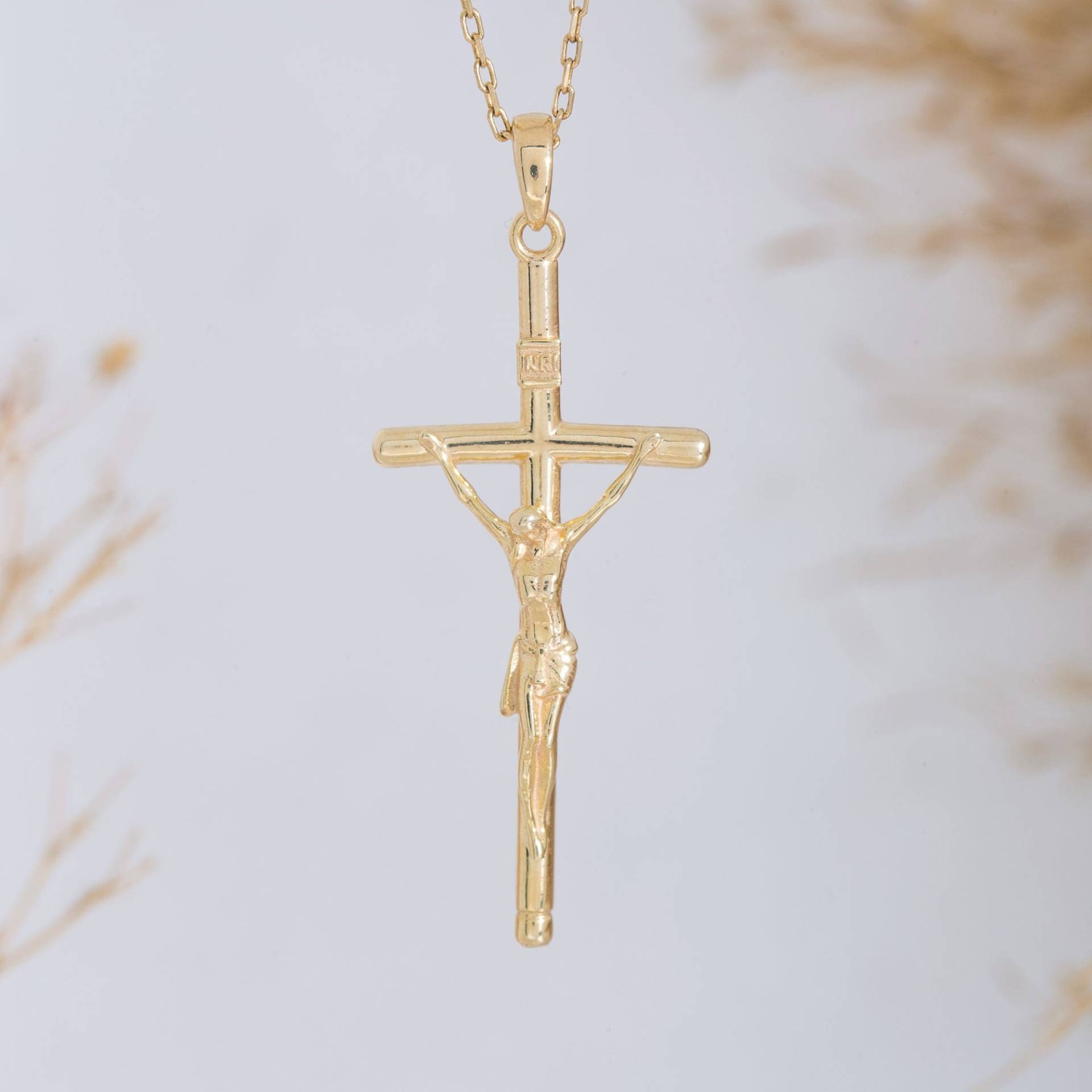 14K Gold Jesus Kreuz Halskette, 925 Sterling Silber Handgemachte Taufgeschenk von ErsJewelryDesign