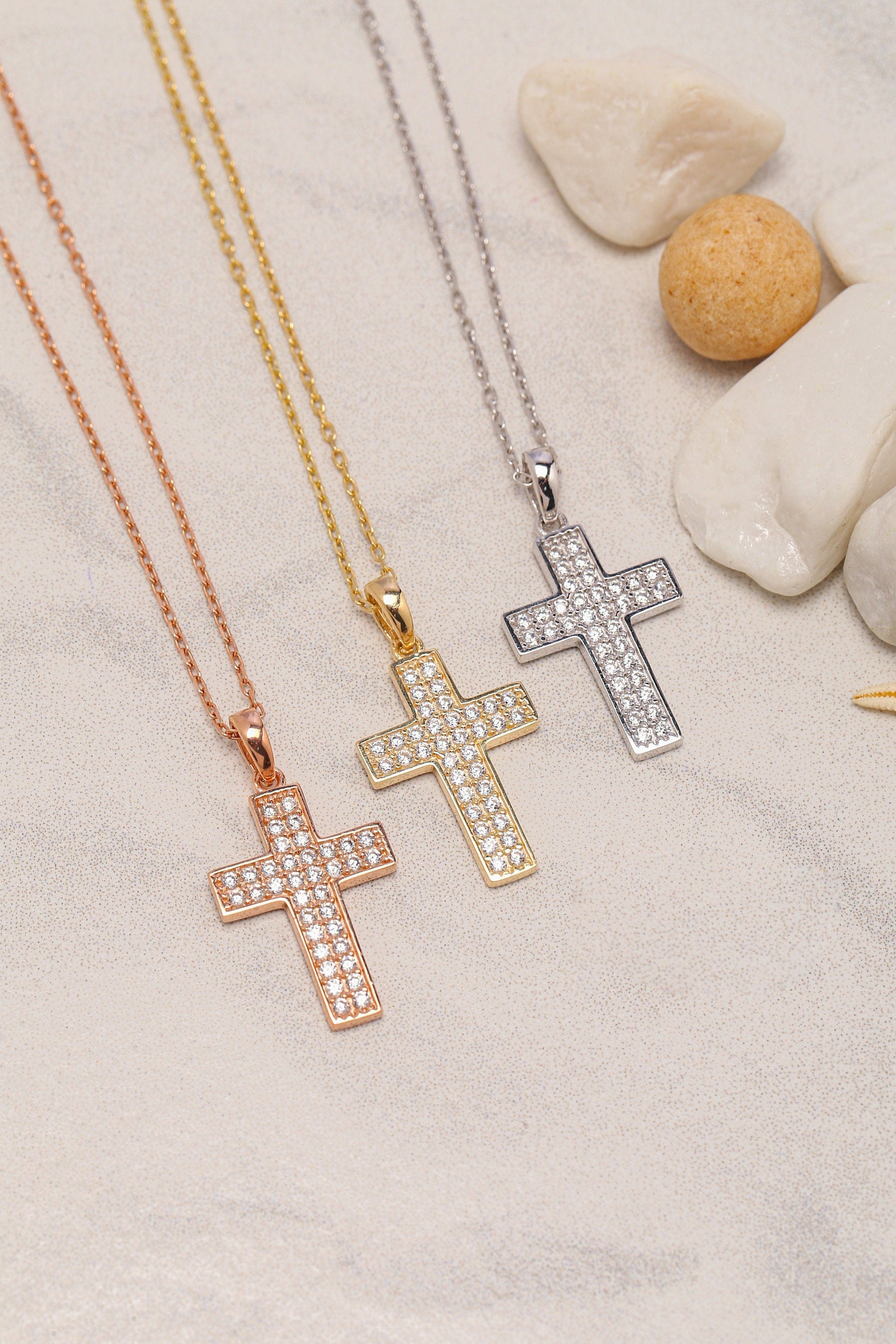 14K Gold Zirkon Kreuz Halskette, Sterling Silber Taufgeschenk, Weihnachtsgeschenk, Geschenk Für Sie von ErsJewelryDesign