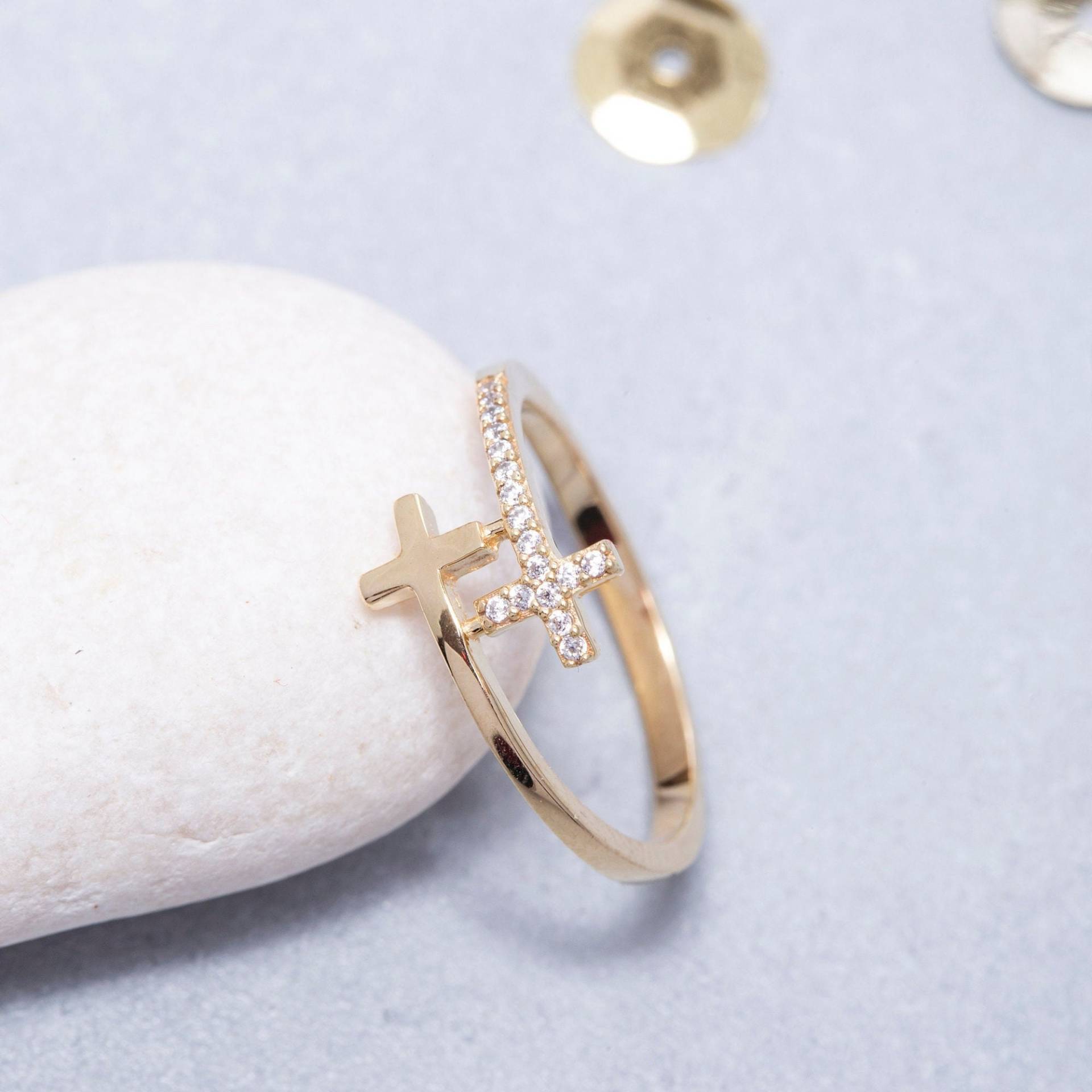 14K Massiver Gold Kreuz Ring, 925 Sterling Silber Handgemachter Weihnachtsgeschenk, Valentinstag Geschenk, Muttertagsgeschenk von ErsJewelryDesign