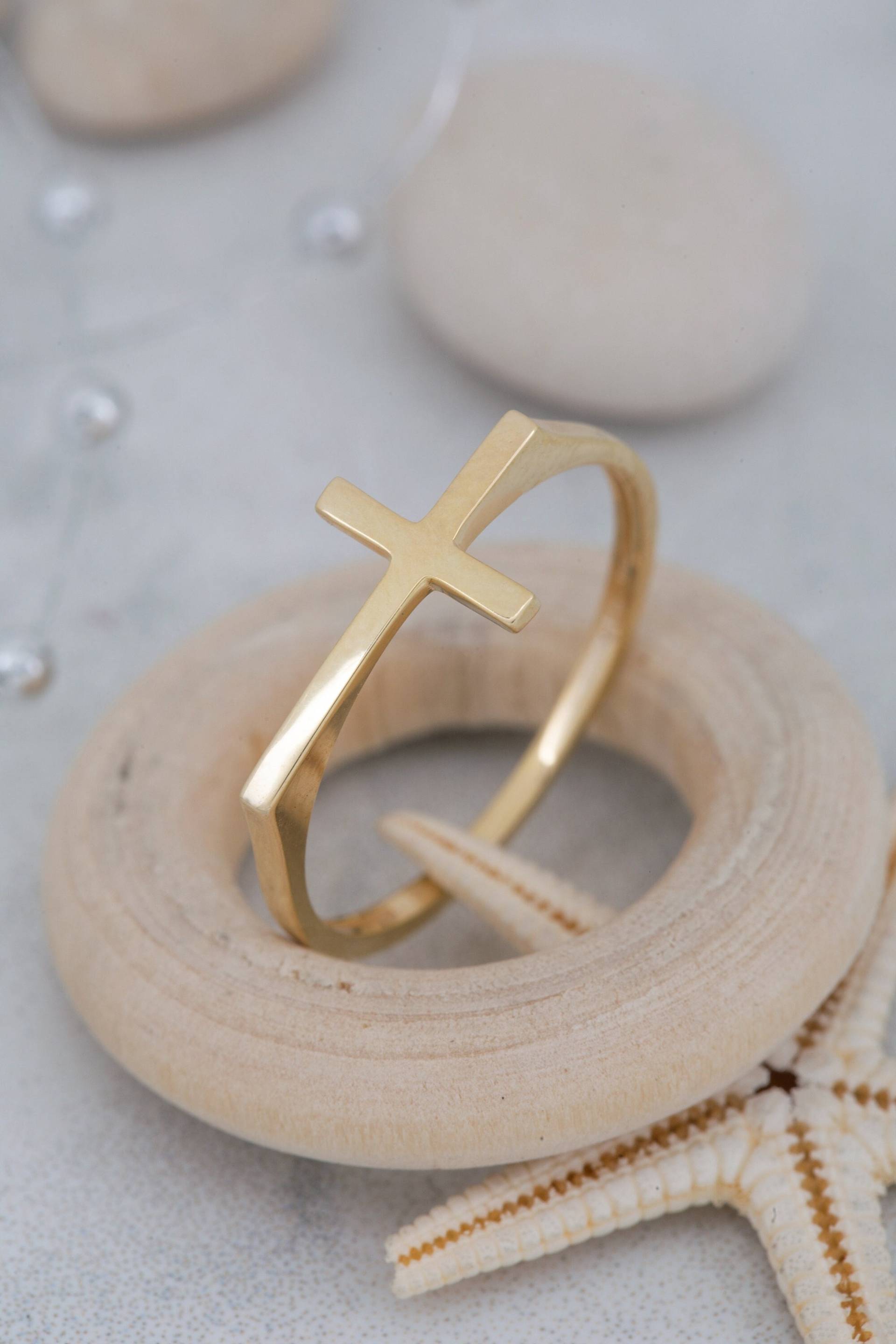 14K Massivgold Schlichter Kreuz Ring, 925 Sterling Silber Handgemachter Weihnachtsgeschenk, Valentinstag Geschenk, Muttertag Git von ErsJewelryDesign