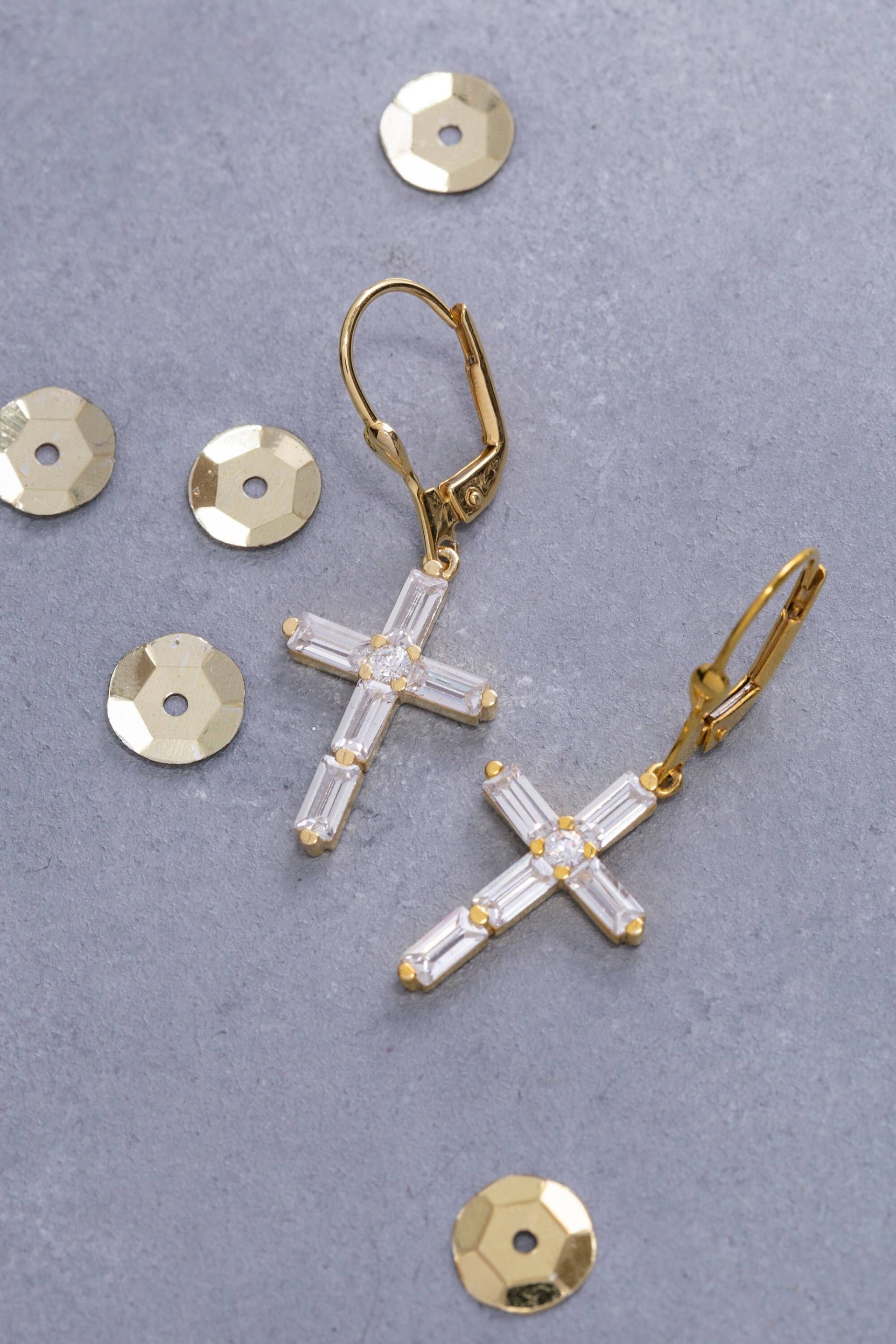 14K Solid Gold Baguette Kreuz Ohrringe, Sterling Silber Religiöse Valentinstag Geschenk, Muttertagsgeschenk von ErsJewelryDesign