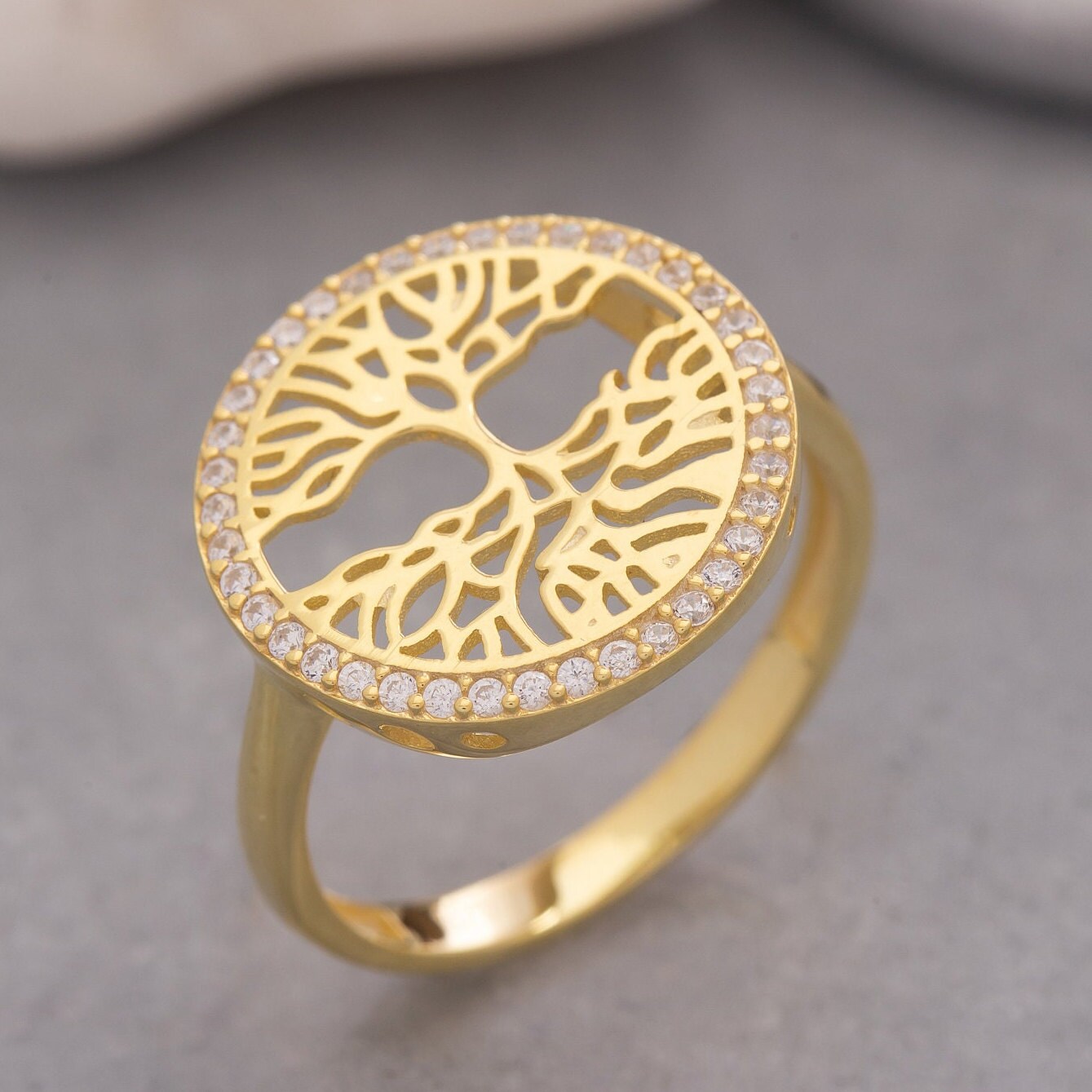 14K Solid Gold Baum Des Lebens Ring, Sterling Silber Großer Runder Familienring, Muttertagsgeschenk, Valentinstaggeschenk von ErsJewelryDesign