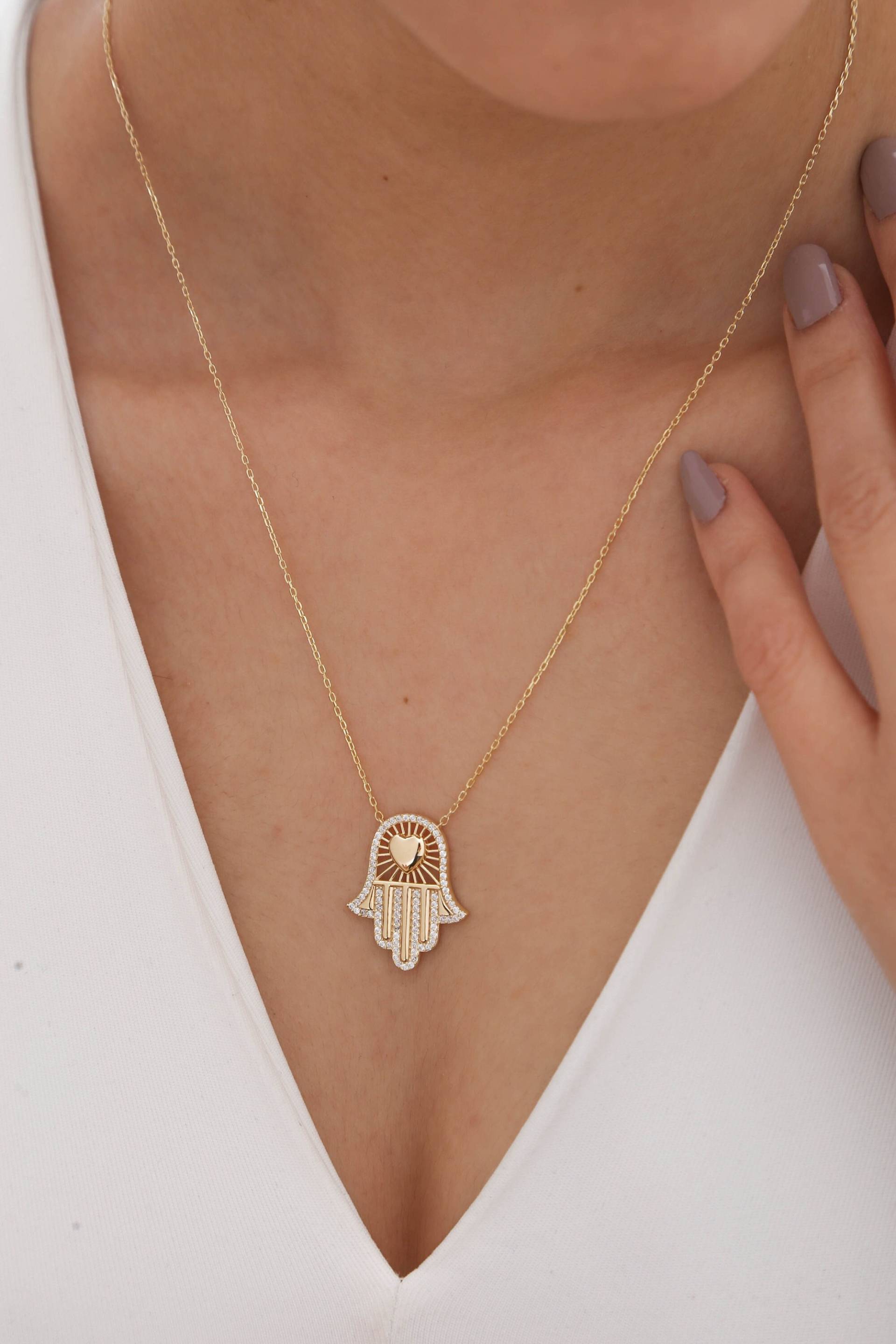 14K Solid Gold Hamsa Halskette, Sterling Silber Herz Fatmans Hand Weihnachtsgeschenk, Geschenk Für Sie von ErsJewelryDesign