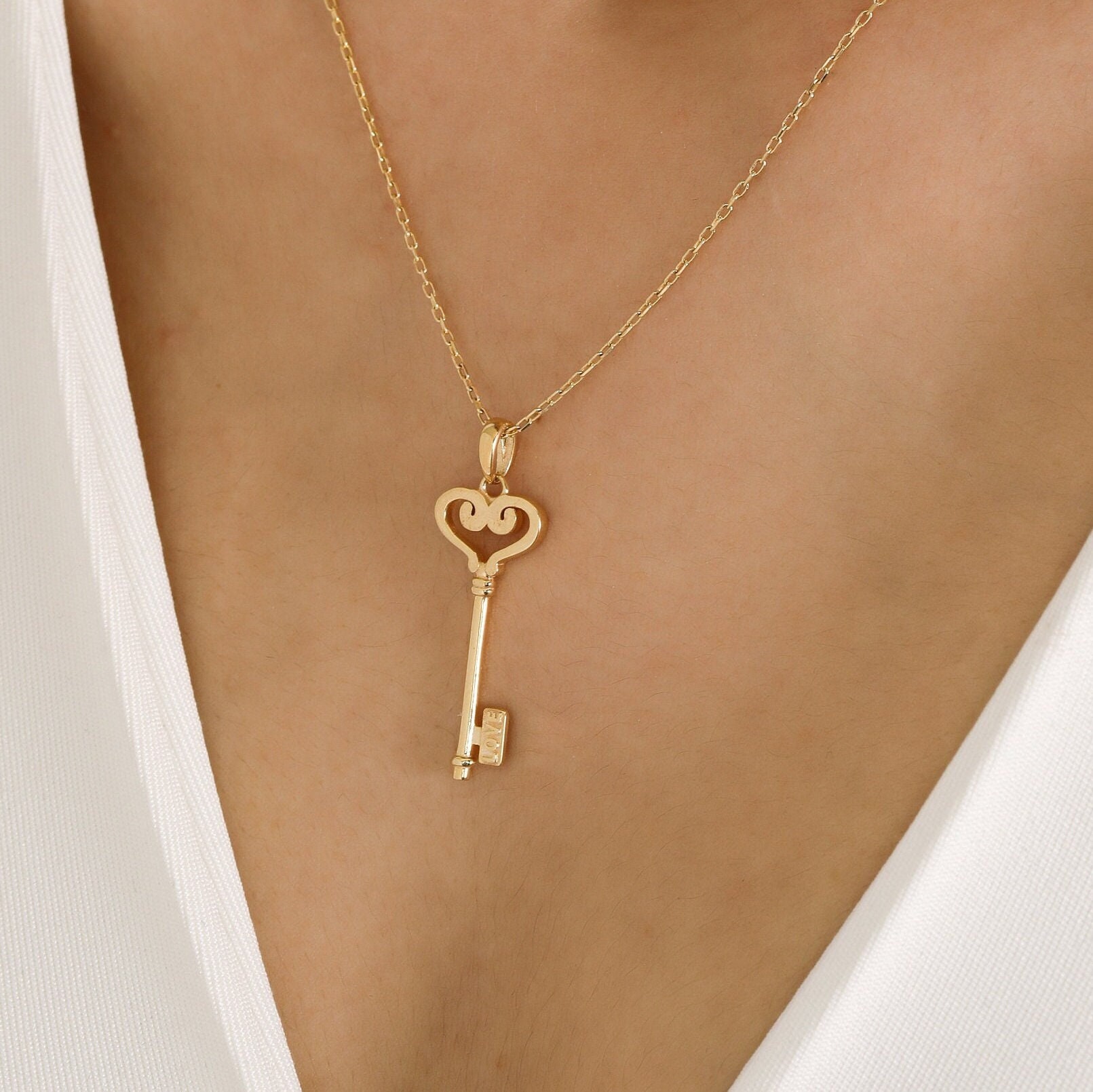 14K Solid Gold Key Love Halskette, 925 Sterling Silber Written Weihnachtsgeschenk, Geschenk Für Sie von ErsJewelryDesign