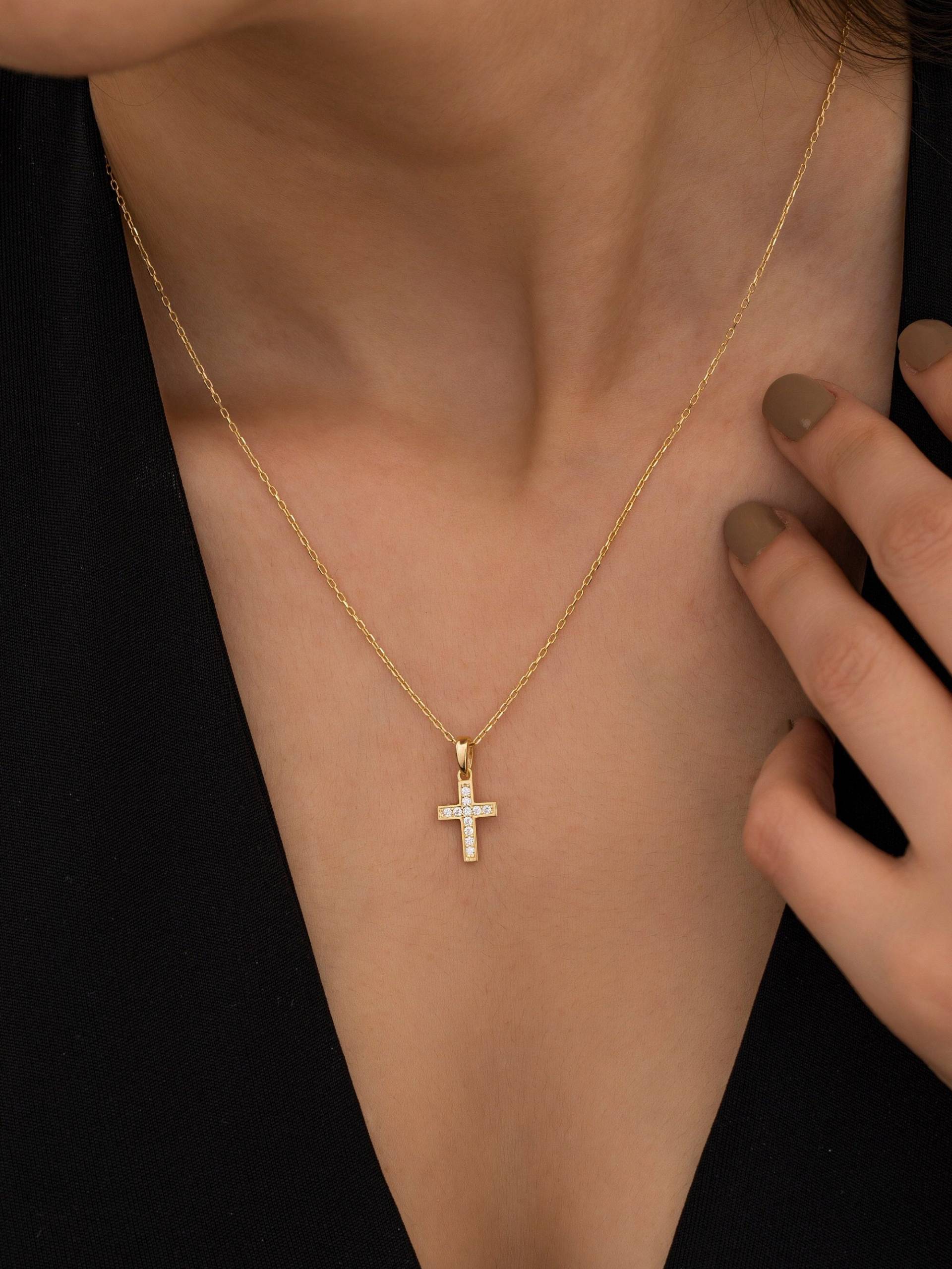 14K Solid Gold Kleine Kreuz Halskette, 925 Sterling Silber Zirkonia Stein Zierliche Religiöse Halskette von ErsJewelryDesign