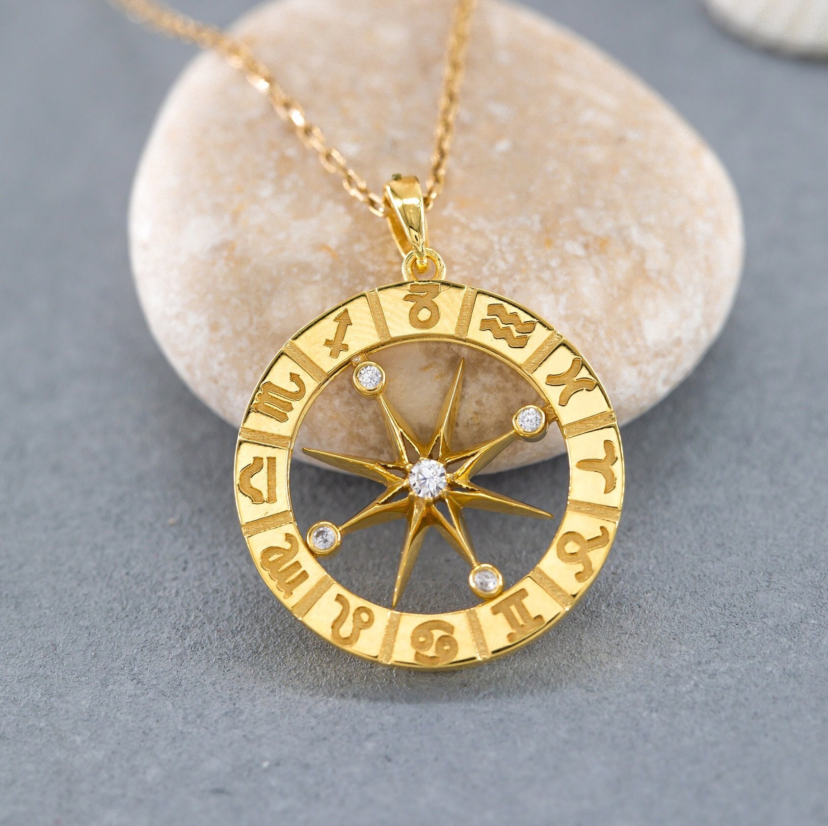14K Massive Gold Kompass Halskette, 925 Sterling Silber Horoskop Astrologie Nordstern Halskette von ErsJewelryDesign