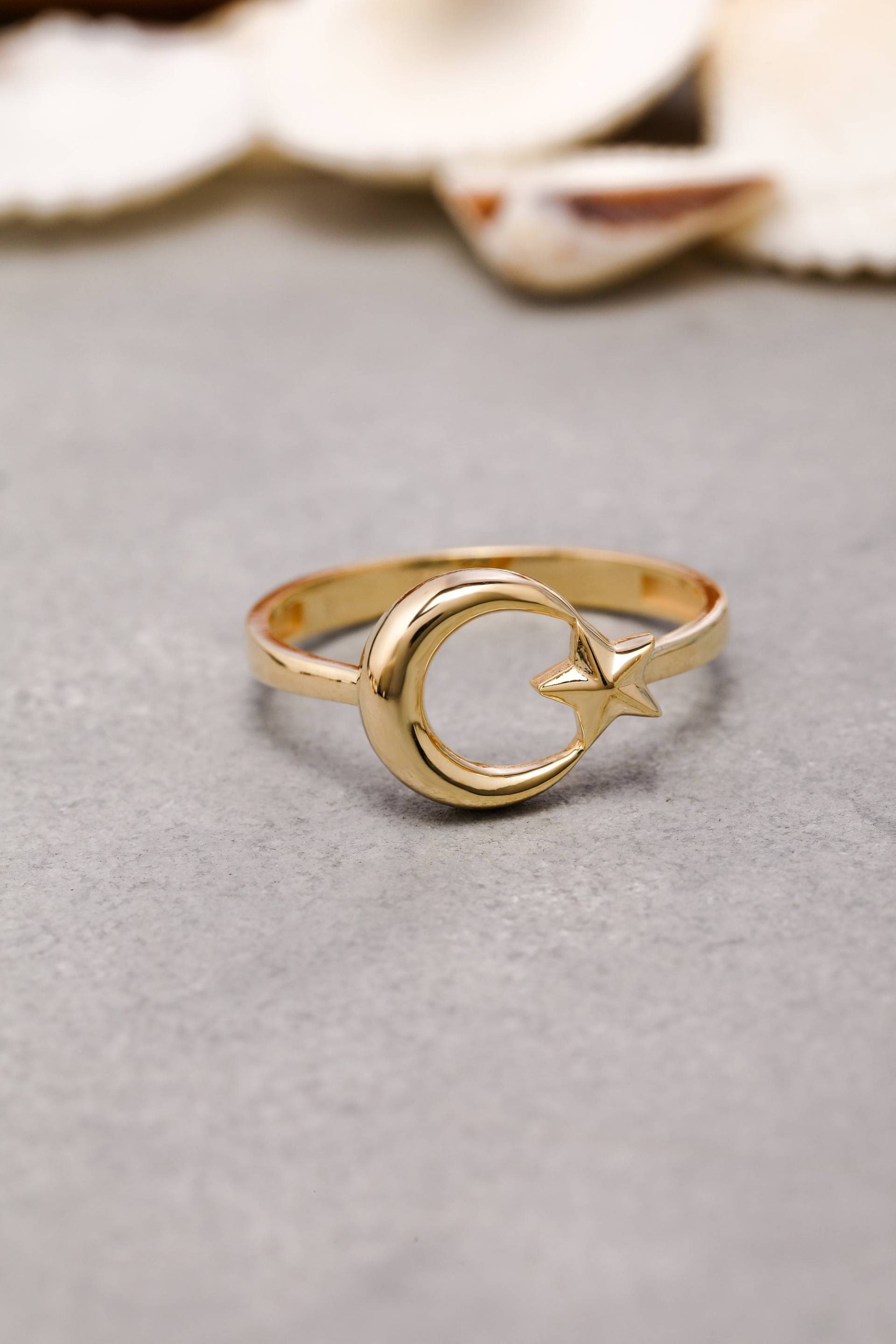 14K Solid Gold Mond Und Stern Ring, 925 Sterling Silber Stapelbarer Valentinstag Geschenk, Weihnachtsgeschenk von ErsJewelryDesign