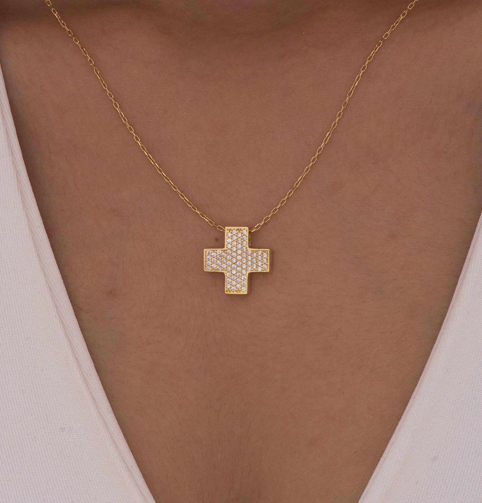 Pave Kreuz Halskette, 14K Solid Gold 925 Sterling Silber Religiöse Taufe Geschenk, Weihnachtsgeschenk von ErsJewelryDesign