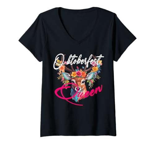 Damen Dirndltop Sekt Hirsch Bier lustig Spruch Oktoberfest Queen T-Shirt mit V-Ausschnitt Damen Dirndltop Sekt Hirsch Bier lustig Spruch Oktoberfest Queen T-Shirt mit V-Ausschnitt von Ersatz-Tracht Kostüm JGA Wiesn Festival Dorf-Fest