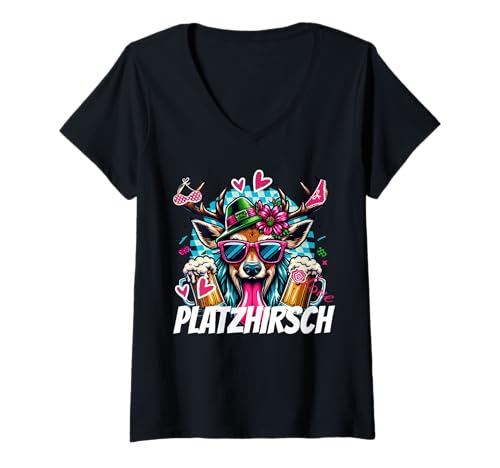 Damen Lederhose Hirsch Bier Oktoberfest Sauf-Spruch Platzhirsch T-Shirt mit V-Ausschnitt Damen Lederhose Hirsch Bier Oktoberfest Sauf-Spruch Platzhirsch T-Shirt mit V-Ausschnitt von Ersatz-Tracht Kostüm JGA Wiesn Festival Dorf-Fest