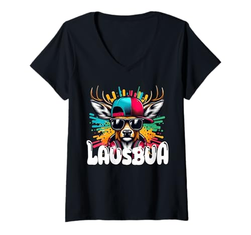 Damen Lederhose Hirsch Bier Oktoberfest Sauf-Spruch lustig Lausbua T-Shirt mit V-Ausschnitt Damen Lederhose Hirsch Bier Oktoberfest Sauf-Spruch lustig Lausbua T-Shirt mit V-Ausschnitt von Ersatz-Tracht Kostüm JGA Wiesn Festival Dorf-Fest