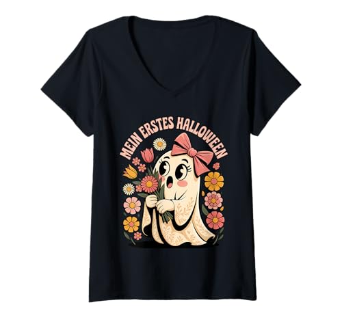 Damen Mein Erstes Halloween Süßer Geist Mädchen Frauen Kinder Fun T-Shirt mit V-Ausschnitt von Erste Halloween Süßer Blumen Geist Niedlich Kinder