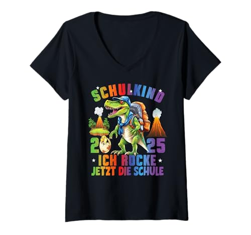 Damen Schulkind 2025 Ich Rocke Jetzt Die Schule Jungs Dino T-Rex T-Shirt mit V-Ausschnitt von Erstklässler Einschulung Kinder - Kita Abschied