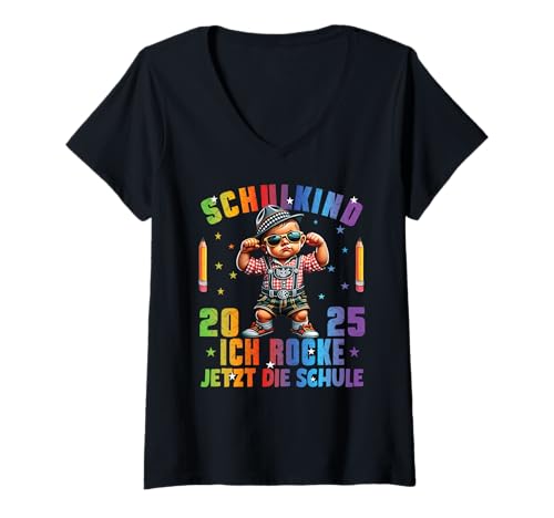 Damen Schulkind 2025 Ich Rocke Jetzt Die Schule Jungs Lausbua T-Shirt mit V-Ausschnitt von Erstklässler Einschulung Kinder - Kita Abschied