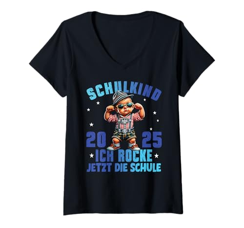 Damen Schulkind 2025 Ich Rocke Jetzt Die Schule Jungs Lausbua T-Shirt mit V-Ausschnitt von Erstklässler Einschulung Kinder - Kita Abschied