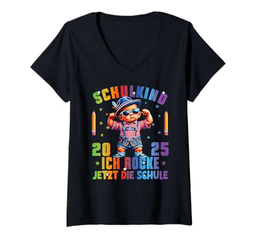 Damen Schulkind 2025 Ich Rocke Jetzt Die Schule Jungs Lausbua T-Shirt mit V-Ausschnitt von Erstklässler Einschulung Kinder - Kita Abschied