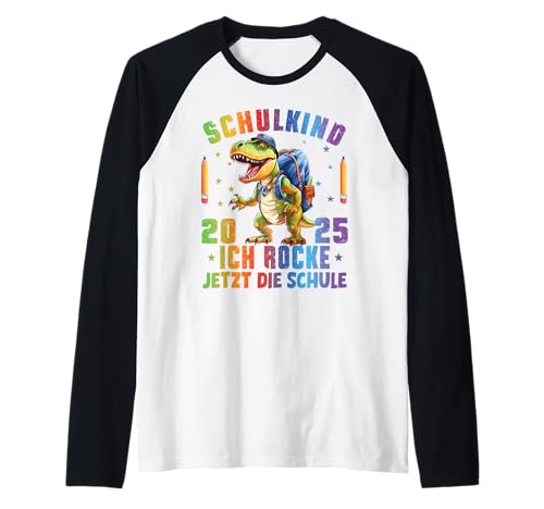 Schulkind 2025 Ich Rocke Jetzt Die Schule Jungs Dino T-Rex Raglan von Erstklässler Einschulung Kinder - Kita Abschied
