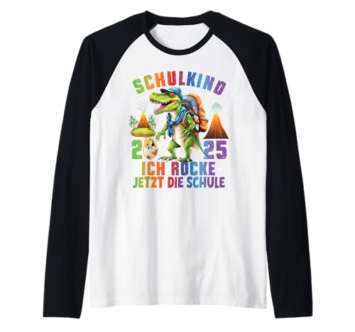 Schulkind 2025 Ich Rocke Jetzt Die Schule Jungs Dino T-Rex Raglan von Erstklässler Einschulung Kinder - Kita Abschied