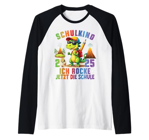 Schulkind 2025 Ich Rocke Jetzt Die Schule Jungs Dino T-Rex Raglan von Erstklässler Einschulung Kinder - Kita Abschied
