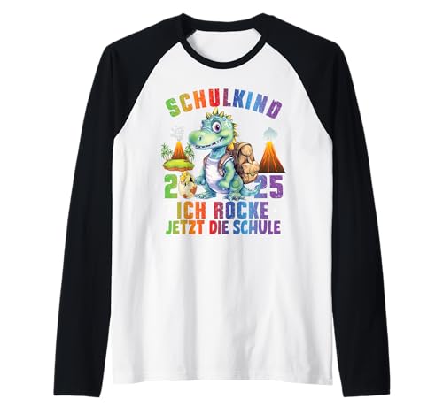 Schulkind 2025 Ich Rocke Jetzt Die Schule Jungs Dino T-Rex Raglan von Erstklässler Einschulung Kinder - Kita Abschied