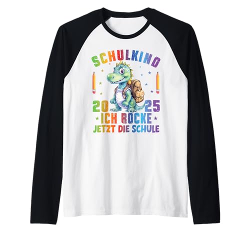 Schulkind 2025 Ich Rocke Jetzt Die Schule Jungs Dino T-Rex Raglan von Erstklässler Einschulung Kinder - Kita Abschied