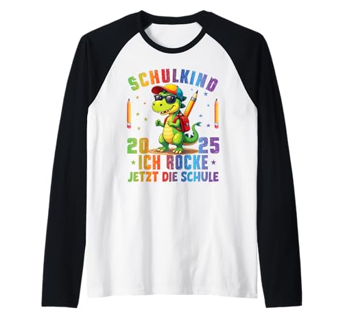 Schulkind 2025 Ich Rocke Jetzt Die Schule Jungs Dino T-Rex Raglan von Erstklässler Einschulung Kinder - Kita Abschied