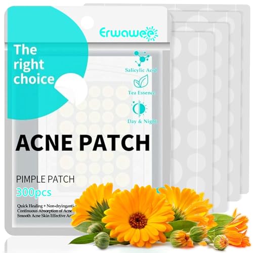 Pickel Patches, 300 Stück Pickel Patch Unsichtbare Hydrokolloid Akne Pimple Patch mit Teebaumöl Tag, 2-in-1 TagNacht Akne Pflaster Wasserdicht & Atmungsaktiv Absorptions für Gesicht 4 Größen von Erwawee