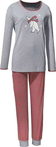Erwin Müller Damen-Schlafanzug, Pyjama, Zweiteiler, Nachtwäsche Single-Jersey mit Eisbär-Motiv grau meliert/rot Größe 40 - weiche, anschmiegsame Wohlfühlqualität mit Rundhalsausschnitt von Erwin Müller