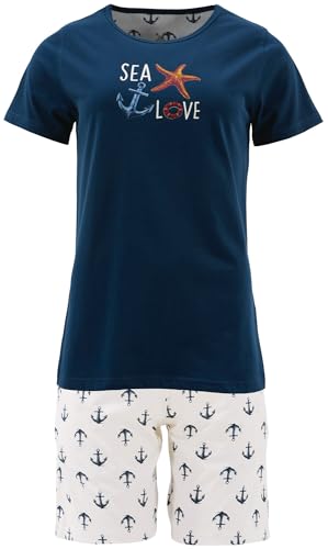 Erwin Müller Damen-Schlafanzug, Pyjama Single-Jersey maritim Marine Größe 46 - Capri-Hose mit Bindeband, Eingriffstaschen und Gummibund, angenehme Qualität von Erwin Müller
