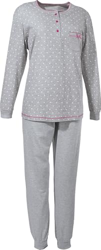 Erwin Müller Damen-Schlafanzug hellgrau meliert Größe 48, Pyjama Single-Jersey hellgrau Punkte - mit Knopfleiste, Brusttasche, Gummibund, hautfreundlich von Erwin Müller