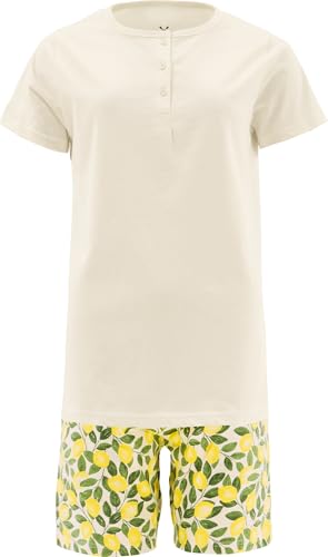 Erwin Müller Damen-Shorty Single-Jersey Allover Zitronen gelb Größe 48 - Rundhalsausschnitt, mit Bindeband und Gummibund, Eingriffstaschen, weiche Qualität von Erwin Müller